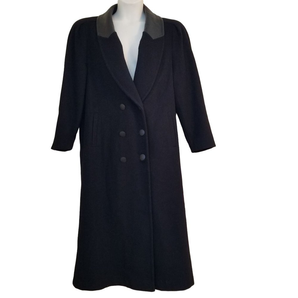 Jofeld Black Vintage Double Breasted Wool Blend Trench Coat Pockets‎ 80s Leather